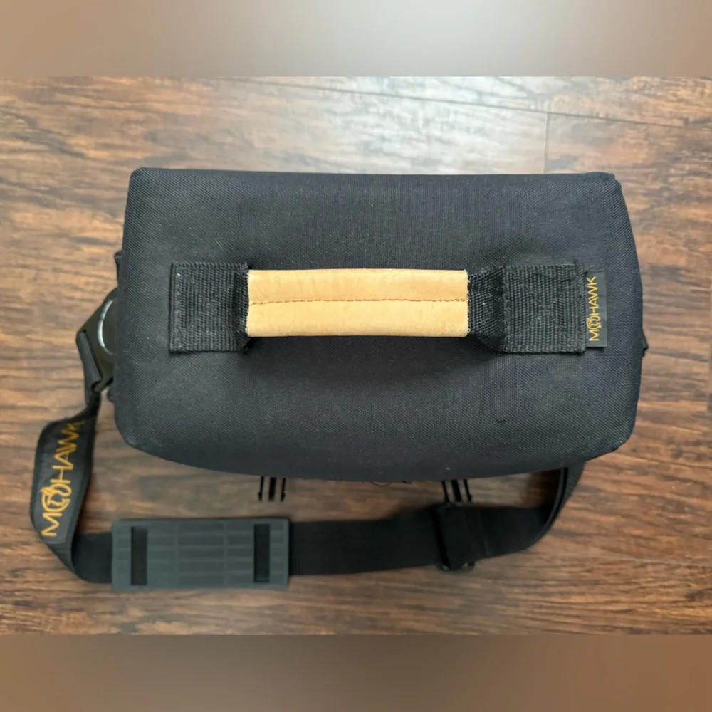 Mohawk Camera Bag Black Padded Multi-Pockets Tan Leather Strap